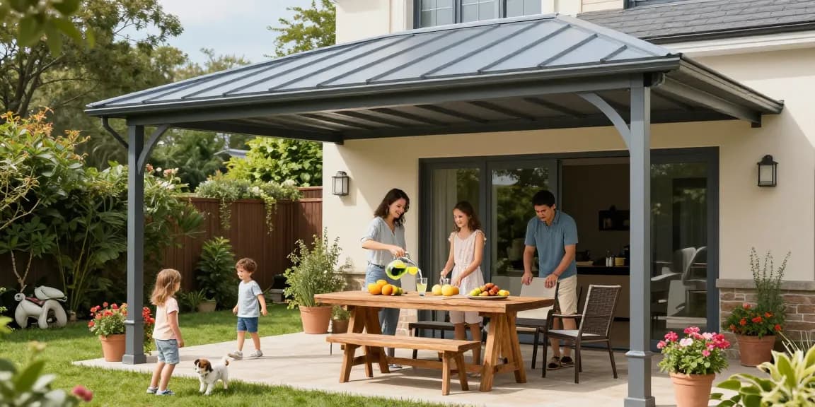 Familie entspannt unter einer eleganten Terrassenüberdachung mit Getränken und Spielen im Garten.