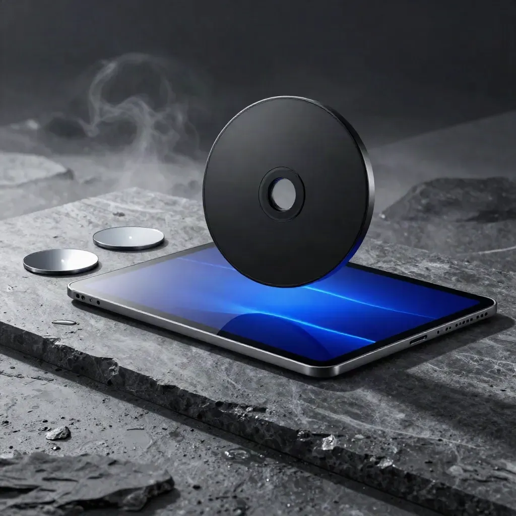 Schwarze Tracker-Scheibe neben Tablet auf nassem Basalt mit blauem Leuchtband und Nebel.