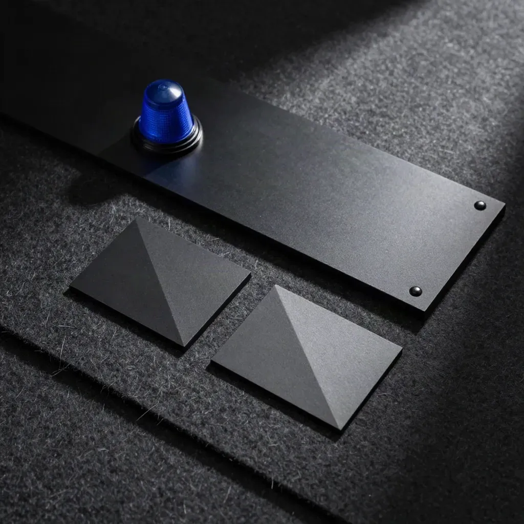 Schwarzes Signalboard mit Beacon und zwei schrägen Tiles auf Charcoal-Felt von oben