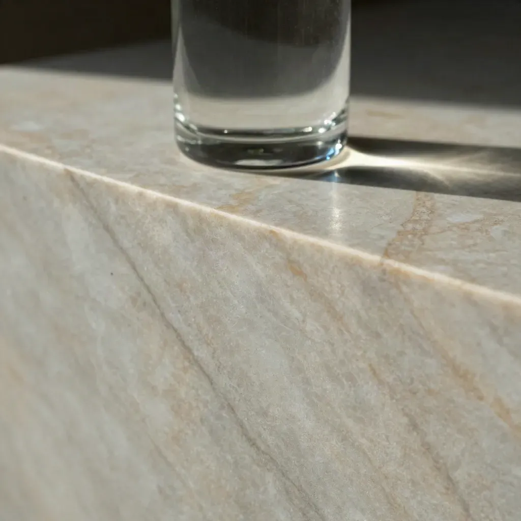 Marmorfläche mit Glaszylinder und sanftem blauen Licht, viel ruhige Fläche unten.