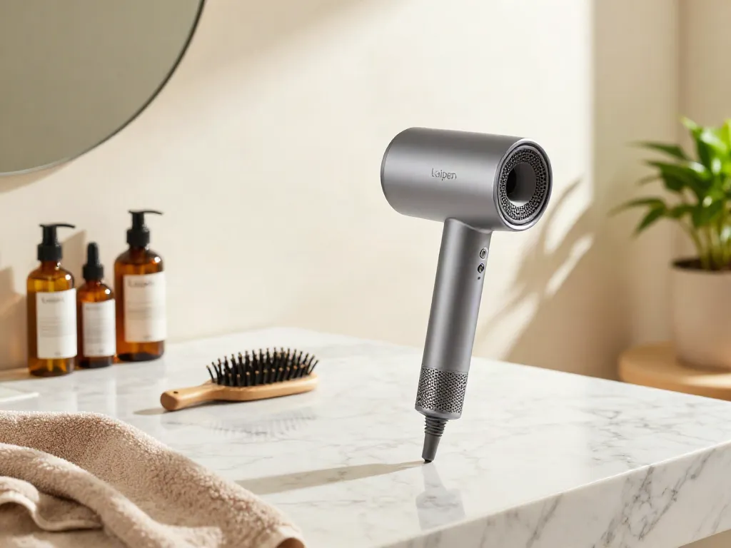 Haartrockner schonend für Haare in modernem Badezimmer mit Pflegeprodukten.
